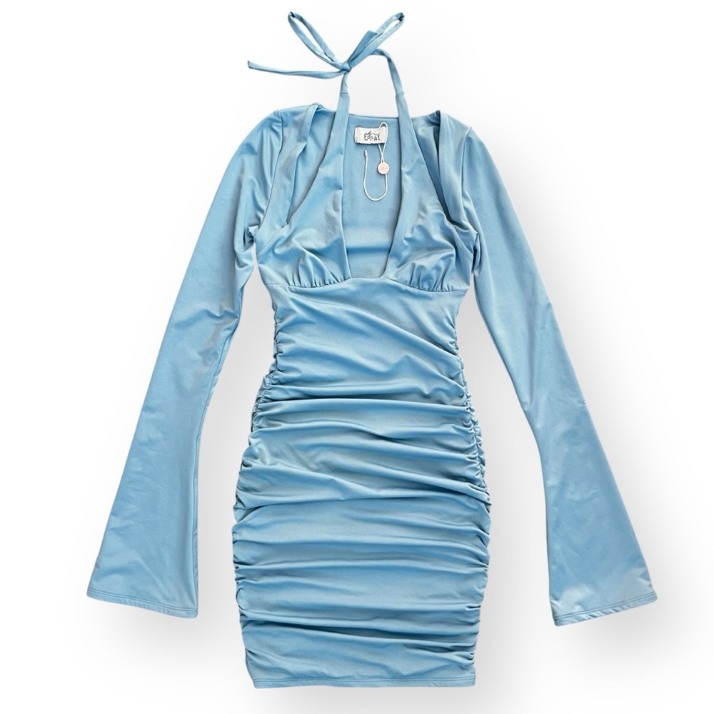 Oh Polly Short and Sweet Long Bell Sleeve Ruched Halter Light Blue Mini Dress